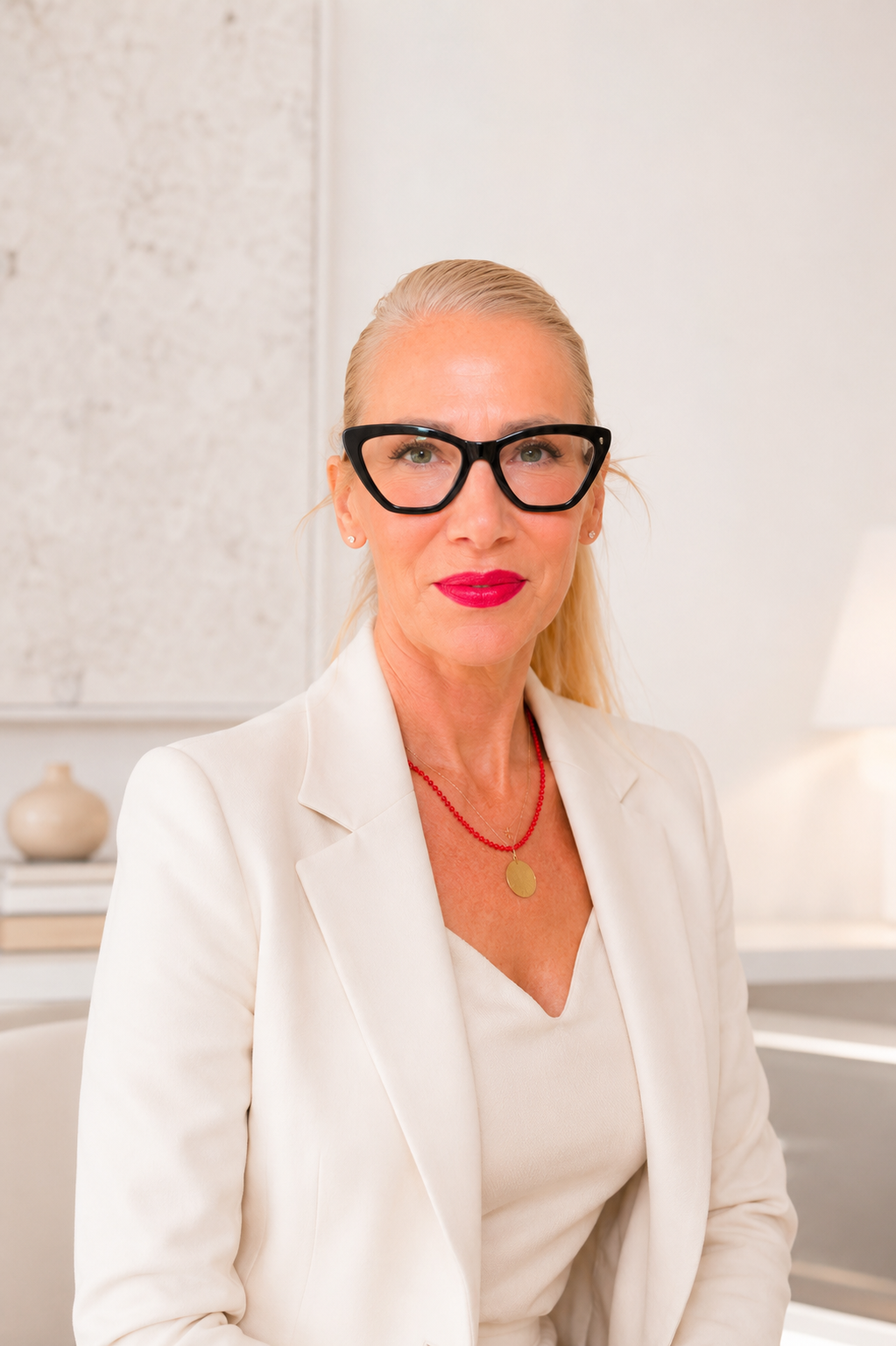 Jelica Stanojlovic Executive Sales Coach Porträt einer Frau mit schwarzen Brillen, rotem Lippenstift und weißem Blazer vor hellem Hintergrund.