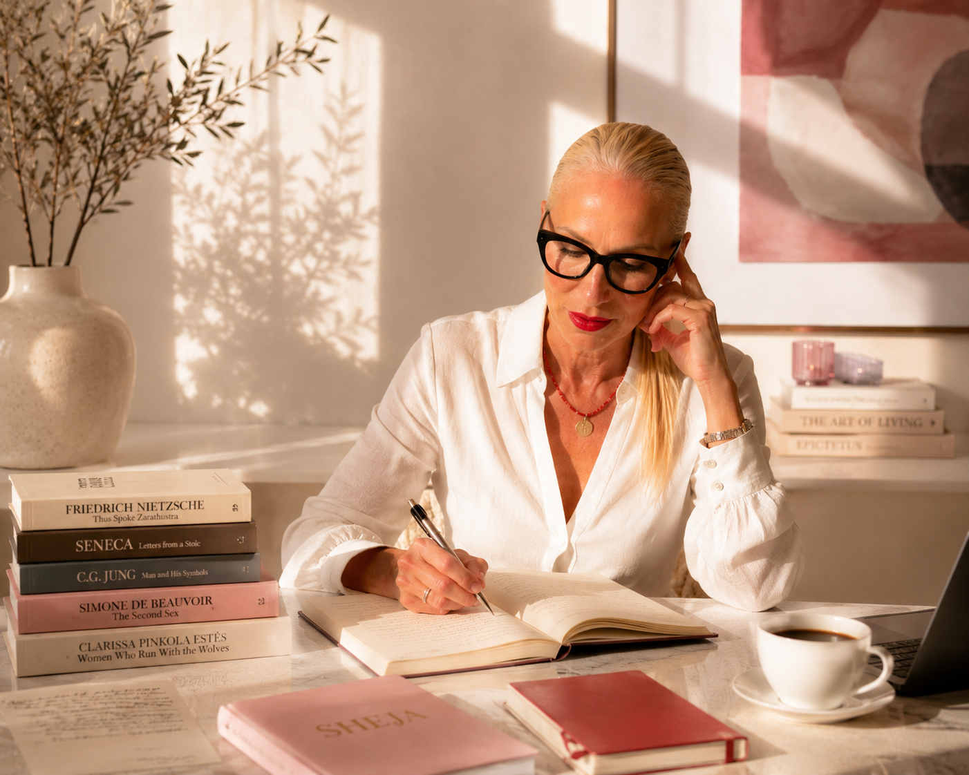Jelica Stanojlovic Executive Sales Coach Ältere Frau mit Brille schreibt Notizen am Tisch, umgeben von Büchern, warmes Sonnenlicht im Raum.