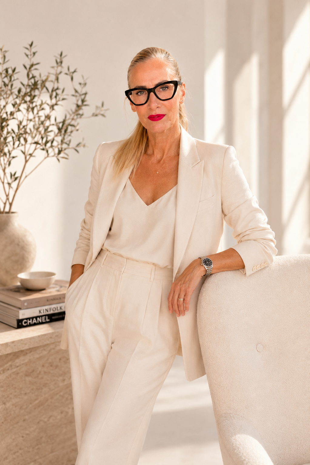 Jelica Stanojlovic Executive Sales Coach Blonde Frau mit schwarzen Brillen, weißem Outfit und Mikrofon, steht in heller Boutique-Umgebung.